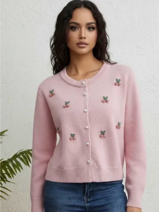 Sweaters - New Pink Cherry embroidered pearl Button Up Cardigan Sweater woman size large